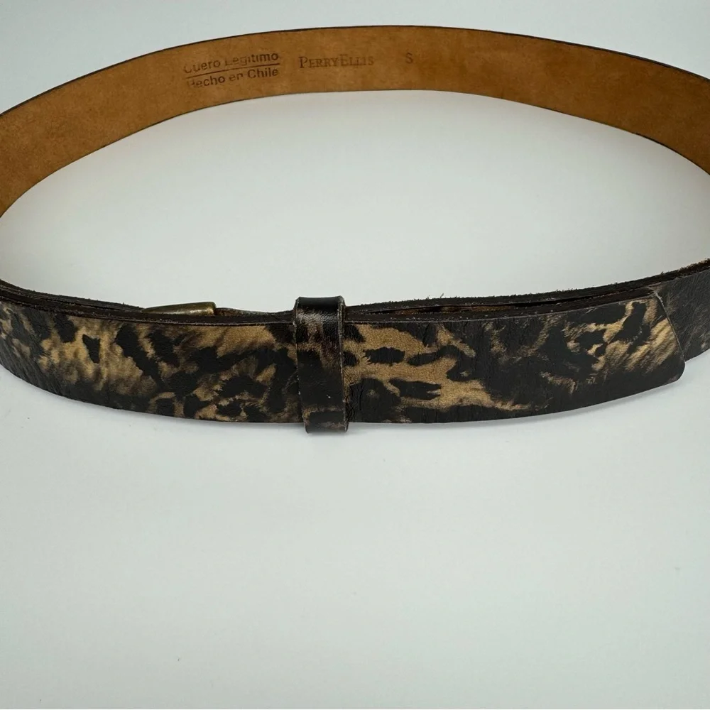 PERRY ELLIS Invisible Buckle Belt S Leopard Print Leather Neutral Casual‎